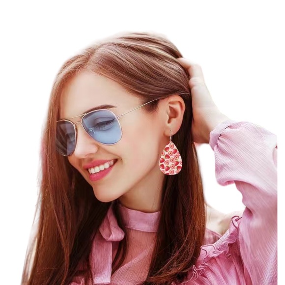 Leather Strawberry Print Pink and Red Teardrop Drop Earrings - Picture 7 of 8